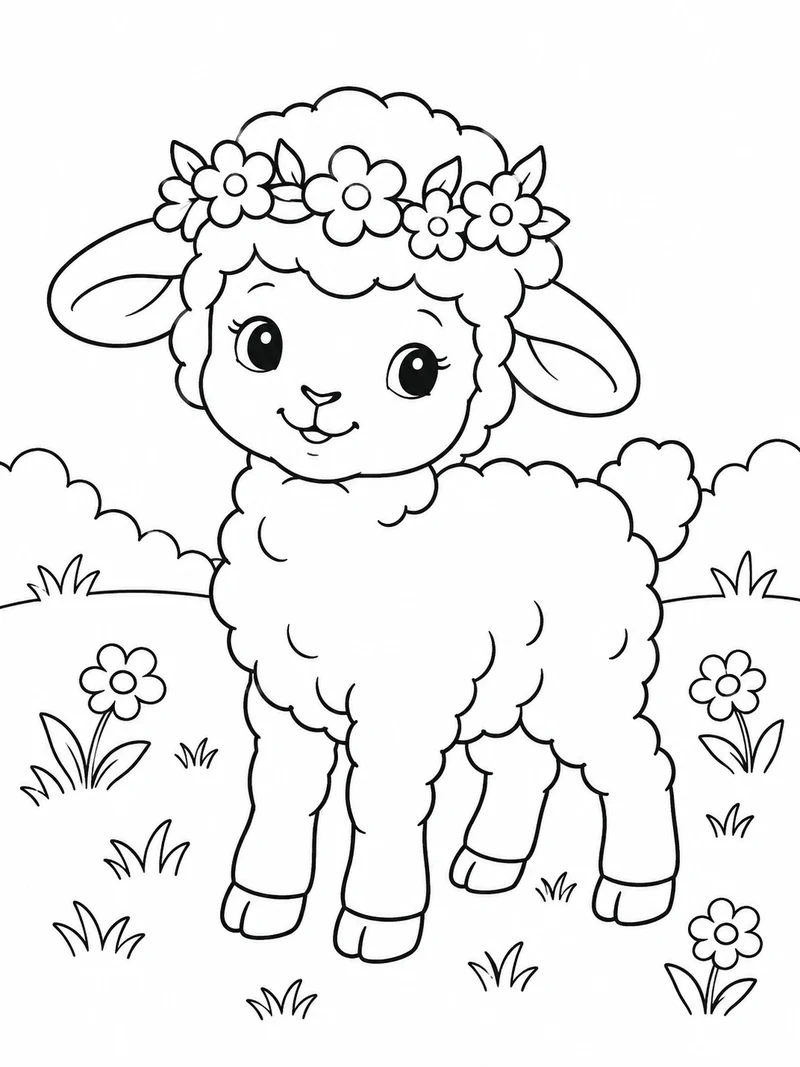 A little lamb with large cloud-like wool shapes wears a five-flower crown.