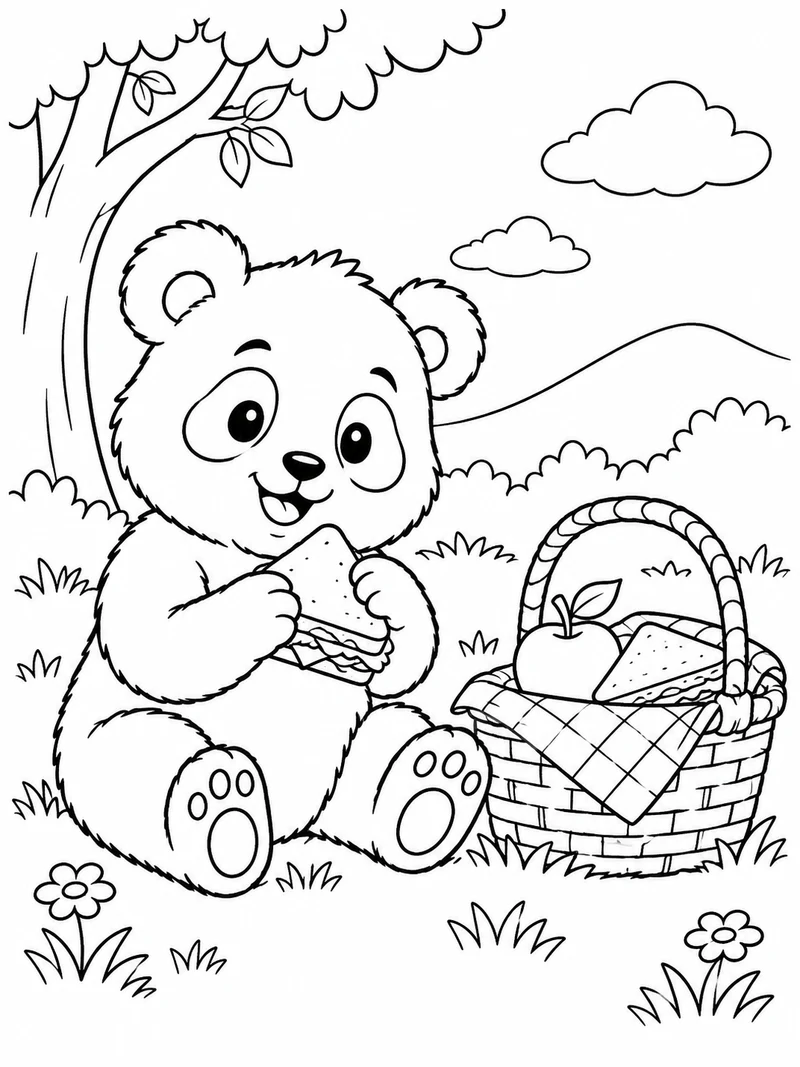 A baby panda sits beside a picnic basket with a sandwich, apple, and checkered napkin.