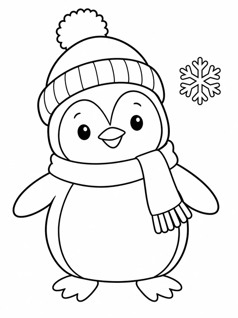 A round penguin wears a pom-pom hat and scarf beside one small snowflake, with white unfilled body shapes.