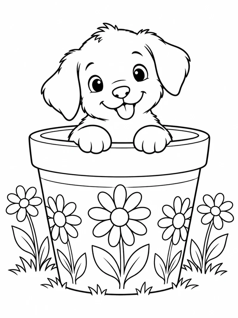 A small puppy peeks from a large flower pot decorated with daisies, its two front paws on the rim.