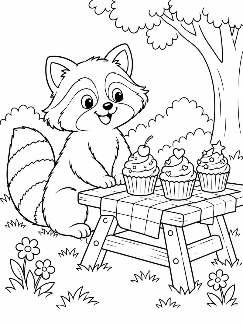 A cheerful raccoon sits beside three decorated cupcakes on a tiny picnic table.