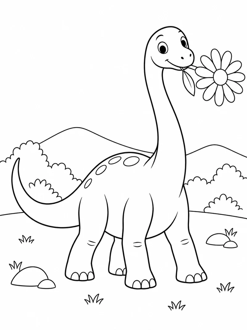 A small long-neck dinosaur holds a large daisy in its mouth, with its full tail and four feet visible.