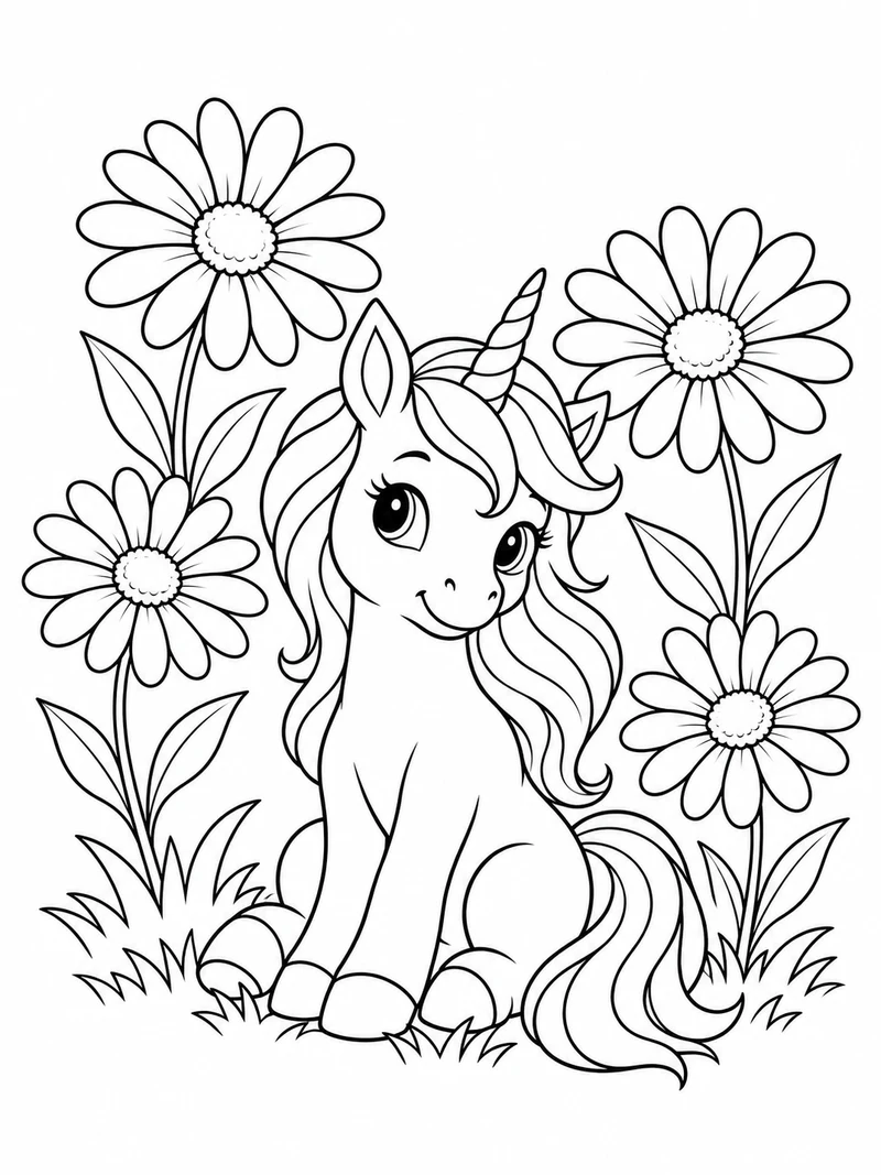 A small unicorn sits among five large daisies, its flowing mane divided into clear open sections.