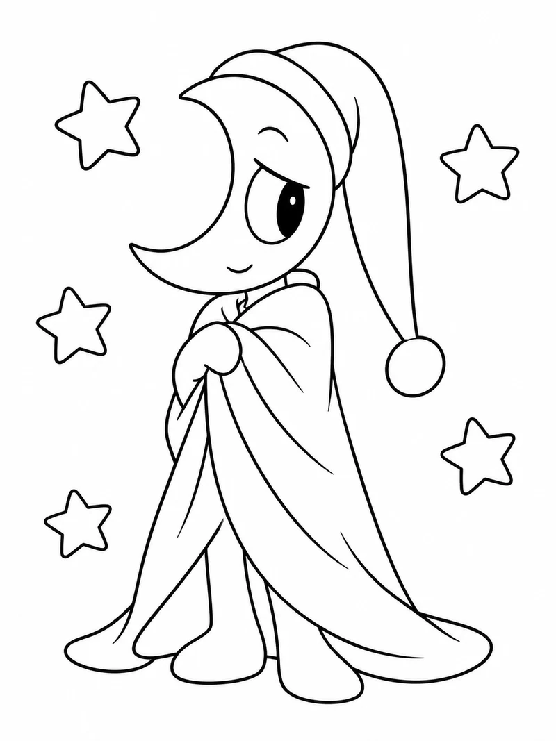 Astro from Dandy's World, a crescent-moon-faced toon in a draped blanket and long sleeping cap, stands among outlined stars.