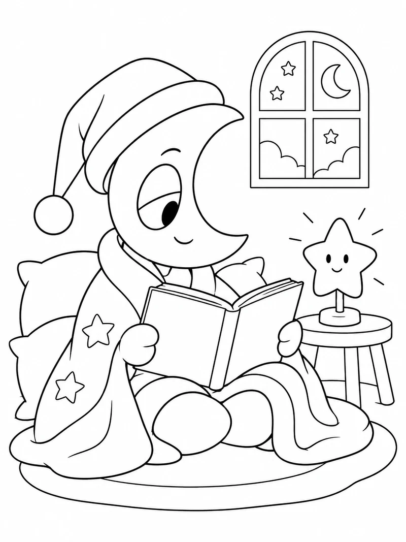 Astro the crescent-moon toon from Dandy's World, wearing his blanket and sleeping cap, reads a blank open book beside a small star-shaped lamp.