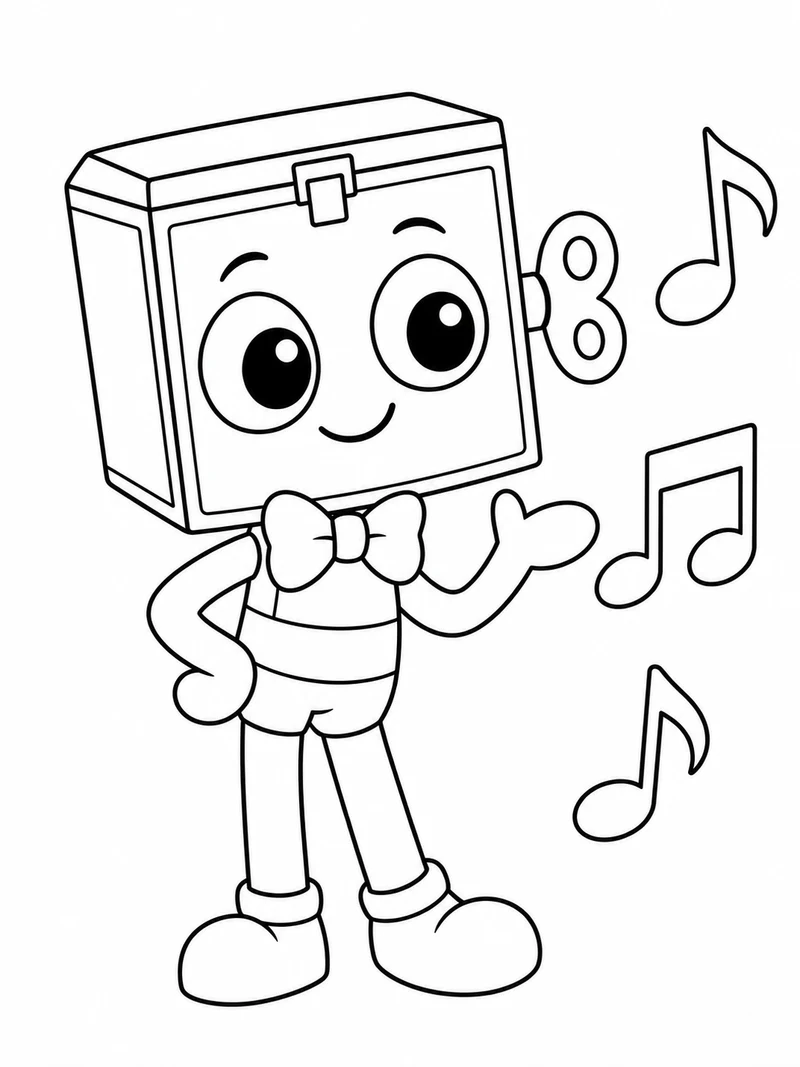 Boxten from Dandy's World, a square music-box-headed toon with a winding key on the side and a simple bow tie, stands beside three outlined musical notes.