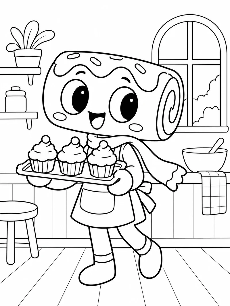 Cosmo from Dandy's World, a smiling pastry-roll-headed toon with icing details and a scarf, carries a tray with three cupcakes.