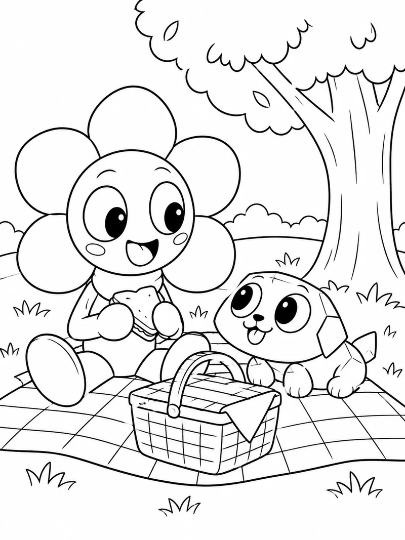 Dandy the six-petaled flower toon and Pebble the small rock dog from Dandy's World sit beside a picnic basket under one simple tree.