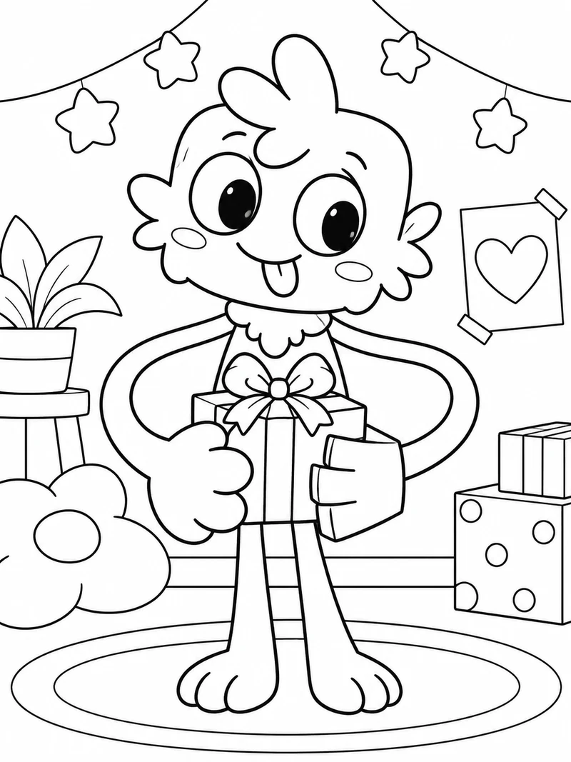 Goob from Dandy's World, a fluffy round-headed craft toon with mismatched large hands on long stretchy arms, holds a wrapped gift at waist height.