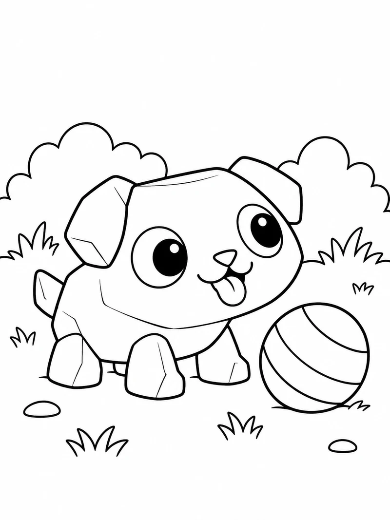 Pebble from Dandy's World, a small friendly rock dog with a rounded stone body, four short legs and a cheerful face, sits beside a striped ball.