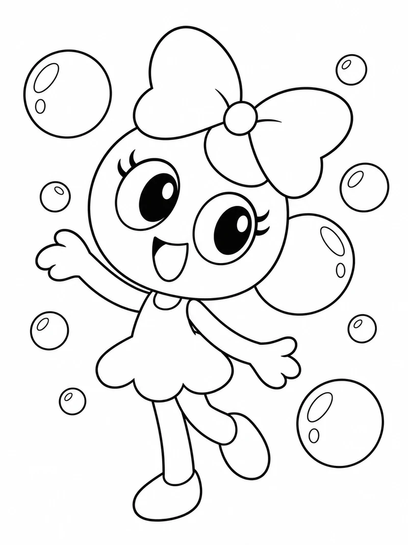 Poppy from Dandy's World, a cheerful bubble-headed toon with a bow and simple dress, stands among floating outlined bubbles.