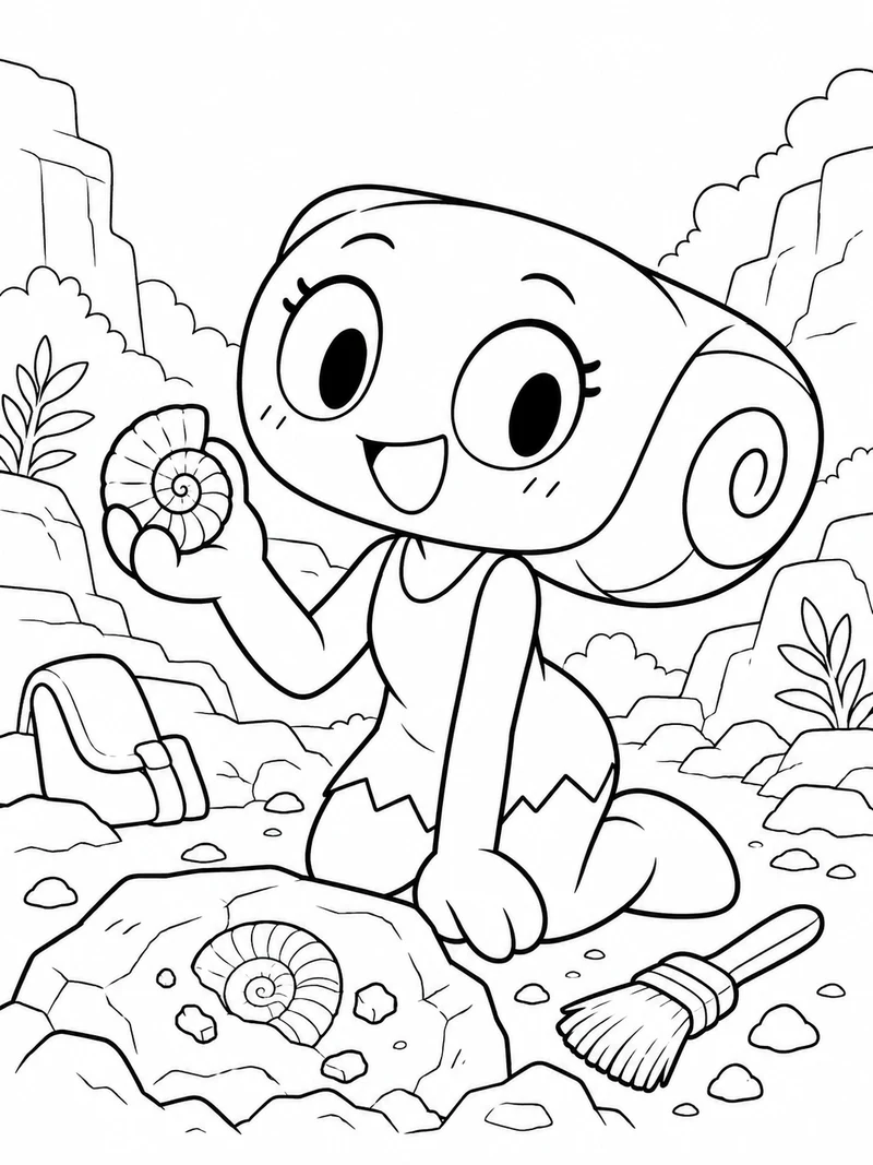 Shelly from Dandy's World, a smiling ammonite-shell-headed toon with a spiral shell and a simple sleeveless outfit, holds a small fossil beside a brush.