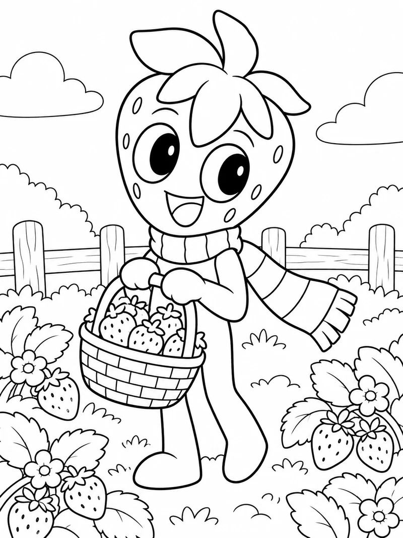 Sprout from Dandy's World, a strawberry-headed toon with a leafy hair top and striped scarf, holds a basket of strawberries.