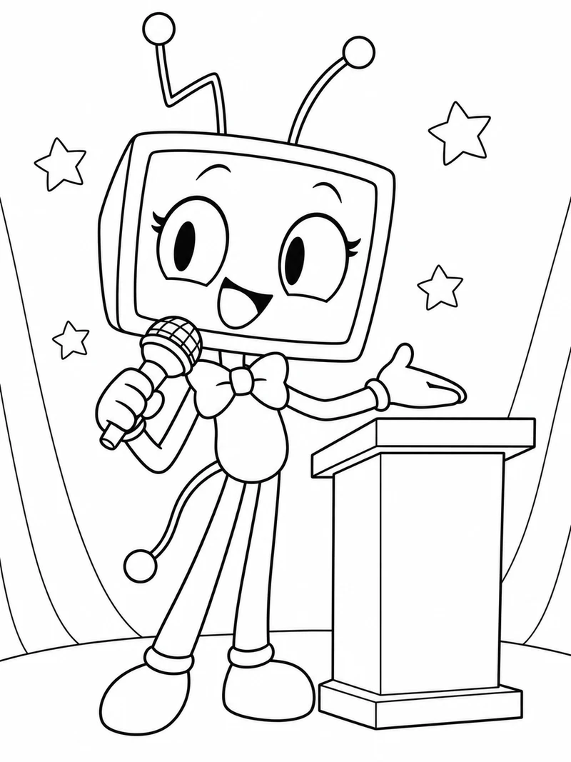Vee from Dandy's World, a television-headed toon with two antennas, a smiling screen face and bow tie, holds a microphone beside a small podium with a plain front.