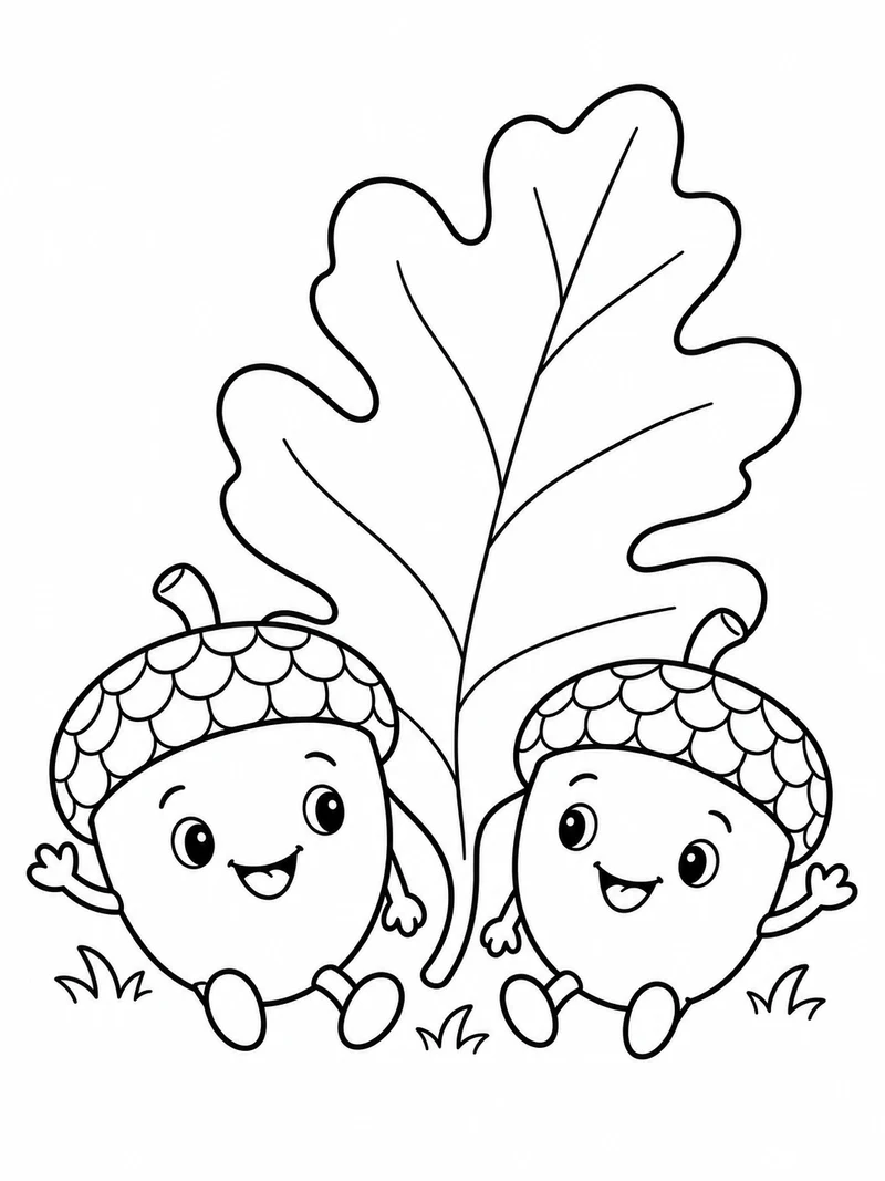 Two smiling acorns with tiny arms and feet sit beside a large oak leaf.