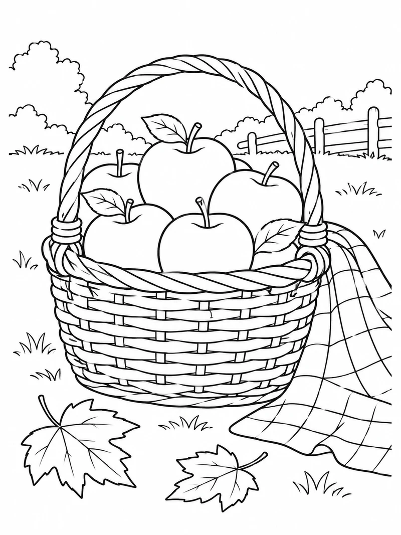 A wicker basket full of apples stands beside a checked cloth and two fallen leaves.