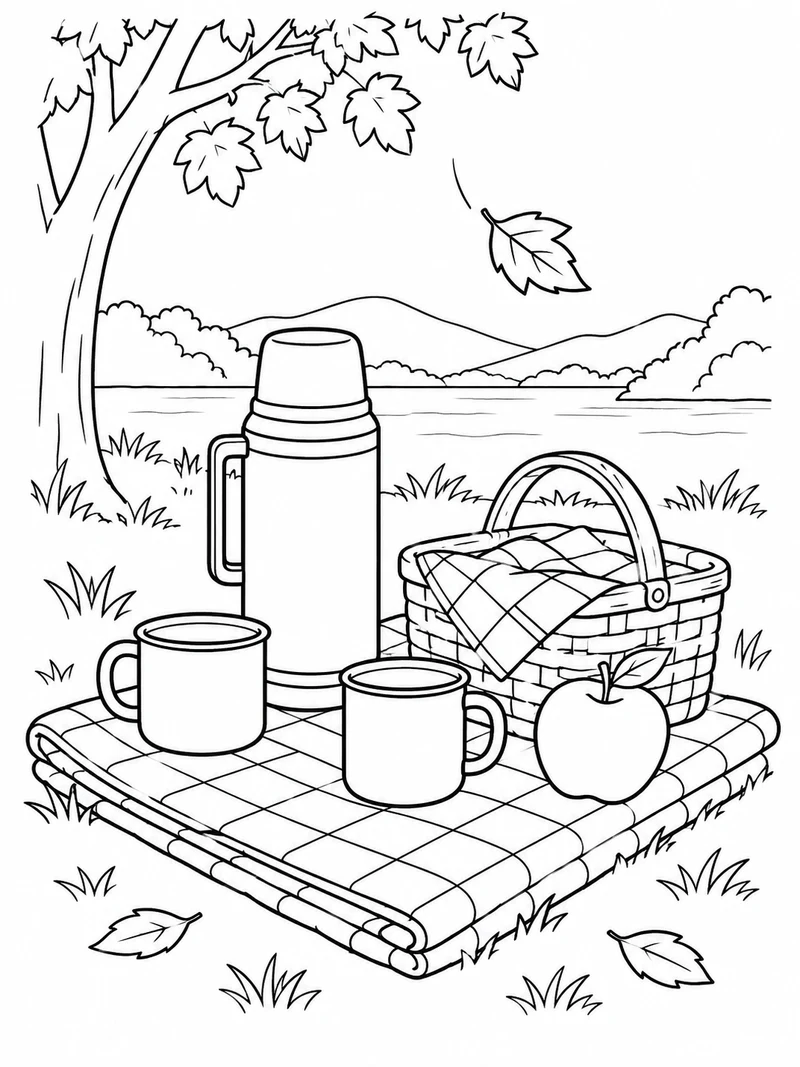 A folded checkered picnic blanket supports a thermos, two cups, an apple, and a small basket beneath a falling leaf.