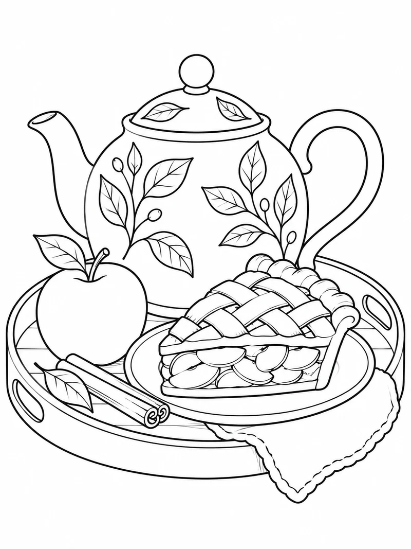 A leaf-decorated teapot and one slice of lattice apple pie sit on a round tray with a cinnamon stick.