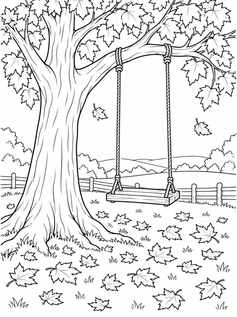 A broad deciduous tree with outlined autumn leaves supports an empty wooden swing above scattered leaves.