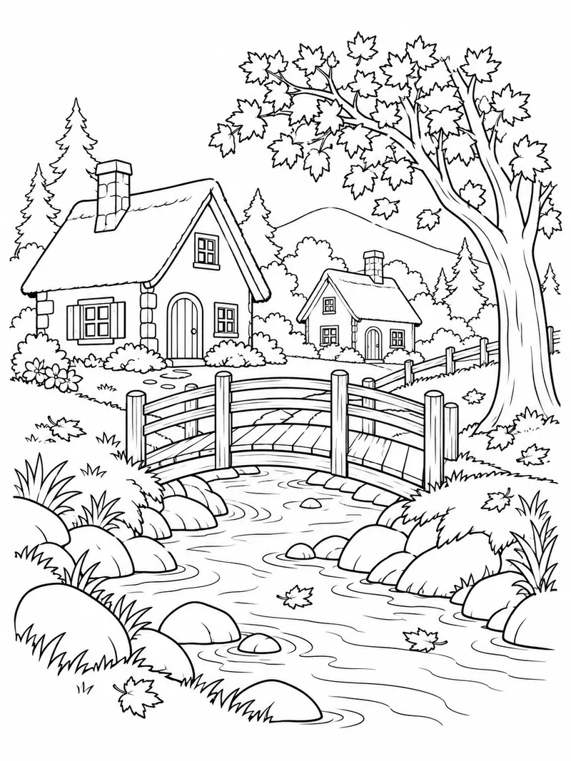 A small wooden bridge crosses a stream beside two cottages and a leafy autumn tree, all contained in an open vignette.