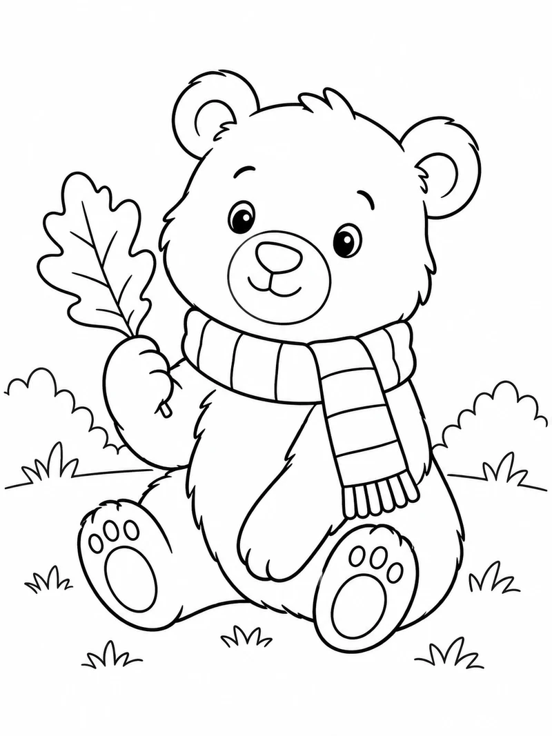 A small seated bear wears a broad striped scarf and holds one oak leaf in its paw.