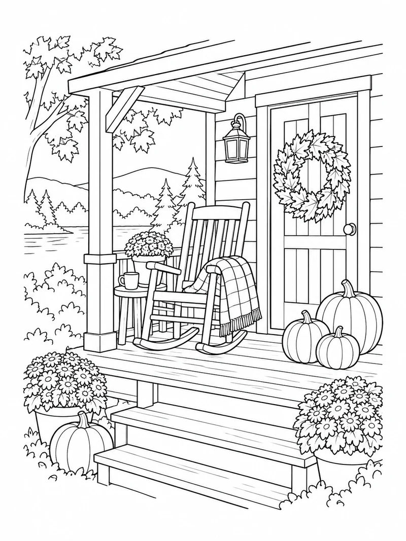 A small cabin porch has a rocking chair, folded blanket, pumpkins, and a leafy wreath on the door.