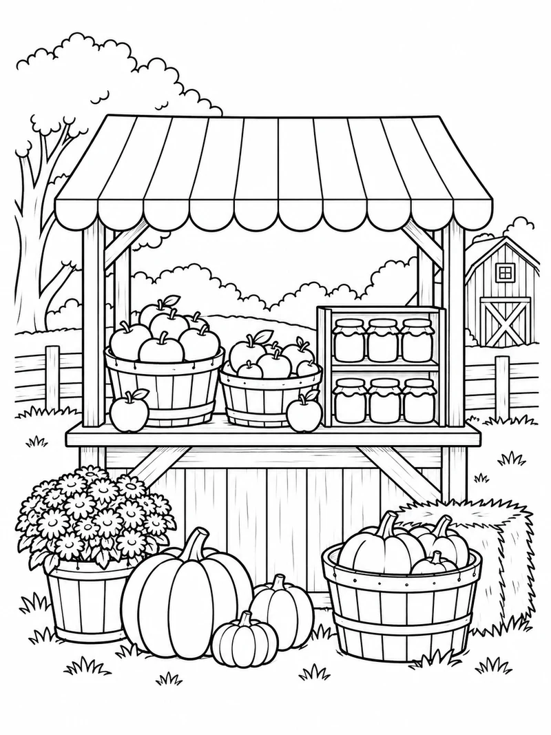 A small open wooden farm stall displays apple baskets, pumpkins, and jars under a striped awning, with no signs or lettering.