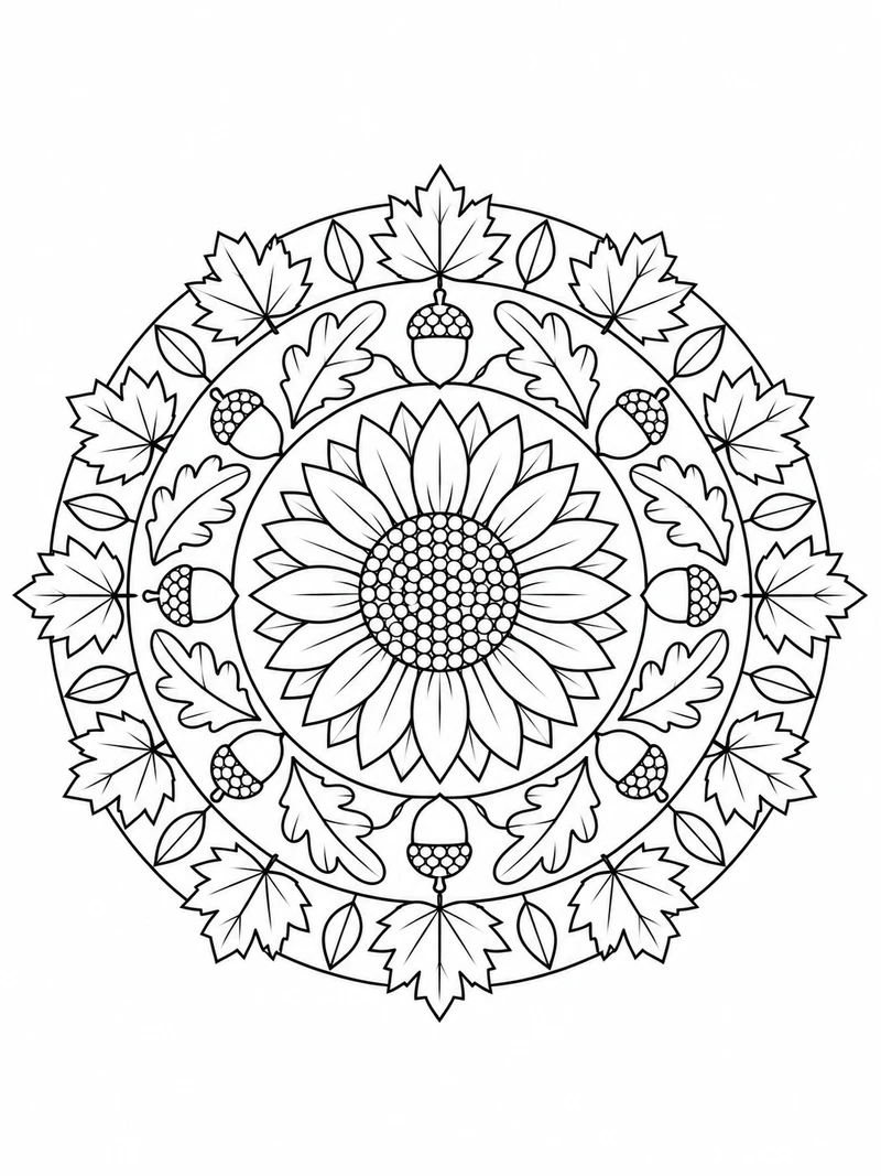 A round symmetrical mandala combines maple leaves, oak leaves, acorns, and sunflower petals in four clearly separated rings.