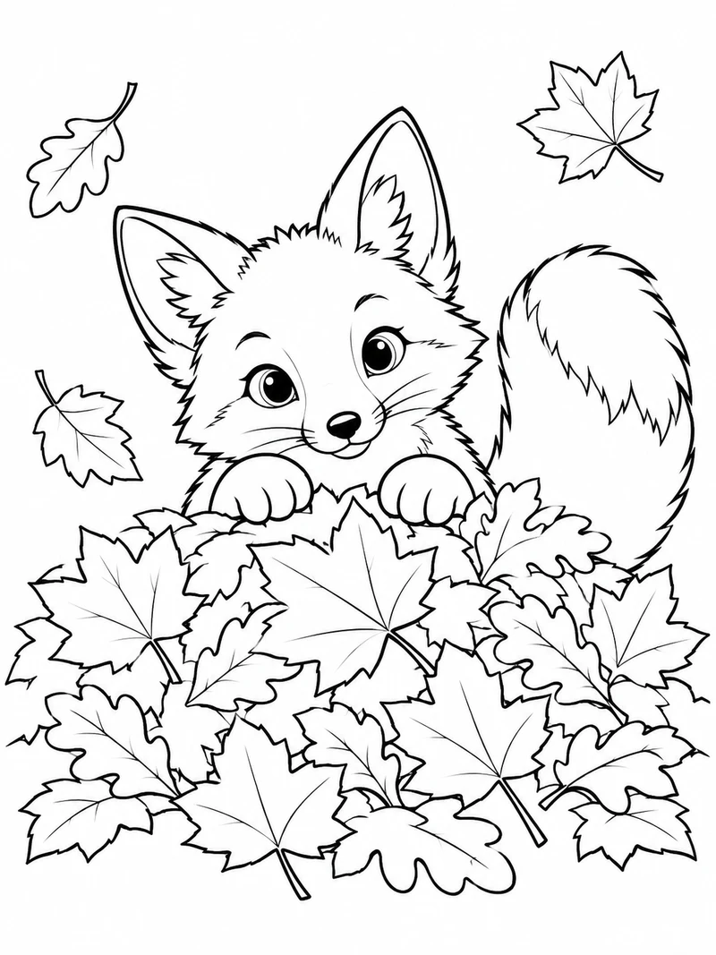 A young fox peeks over a mound of maple and oak leaves, with its bushy tail curling to one side.