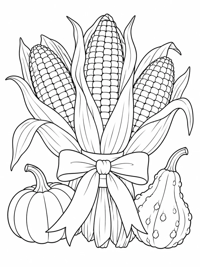 Three ears of corn with partially opened husks are tied with a wide ribbon, surrounded by two small gourds.