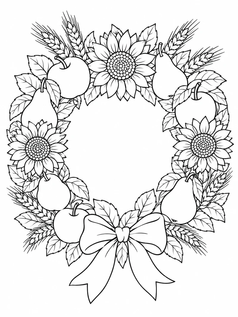 A circular wreath of apples, pears, wheat stalks, leaves, and sunflowers has a large open white center and a ribbon bow.