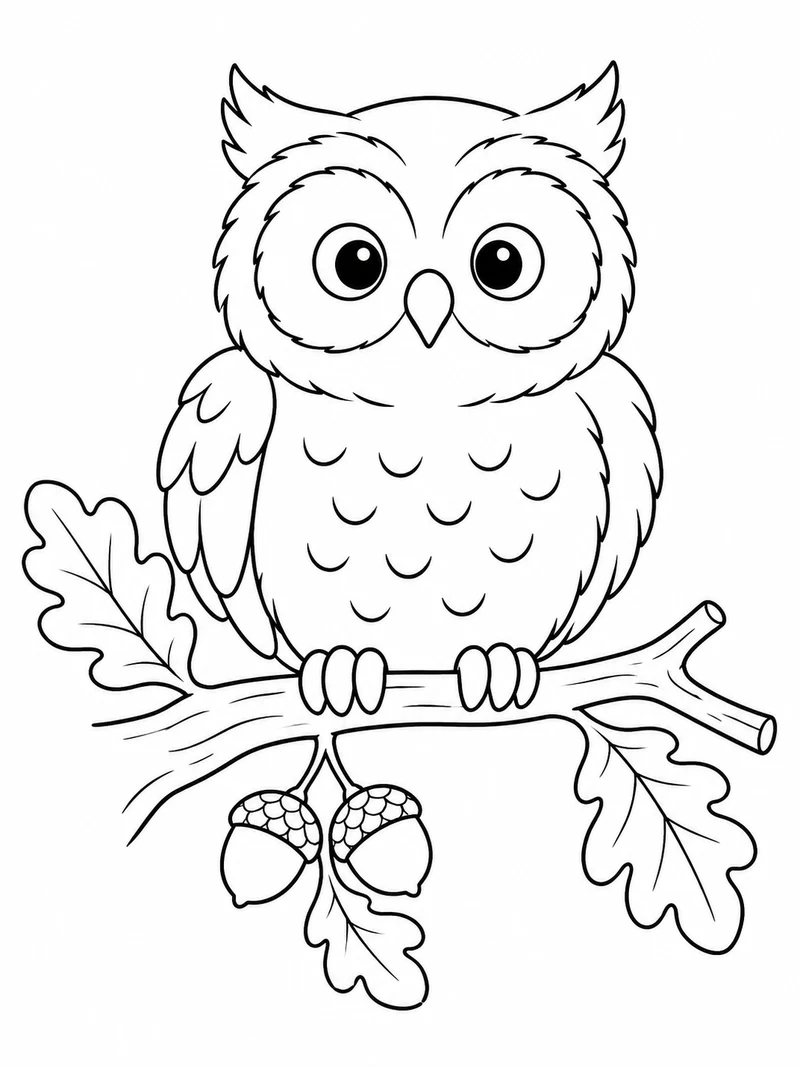A round owl sits on a short branch with three oak leaves and two hanging acorns.