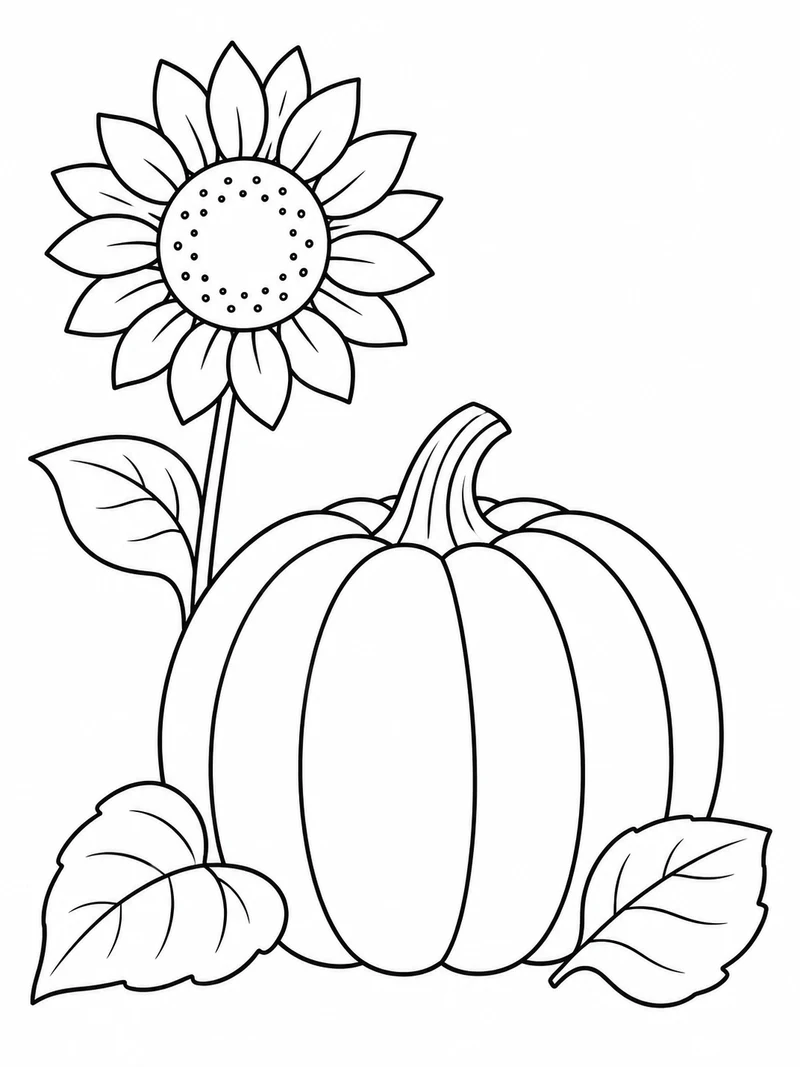 One large uncarved pumpkin sits beside one tall sunflower and two broad leaves.