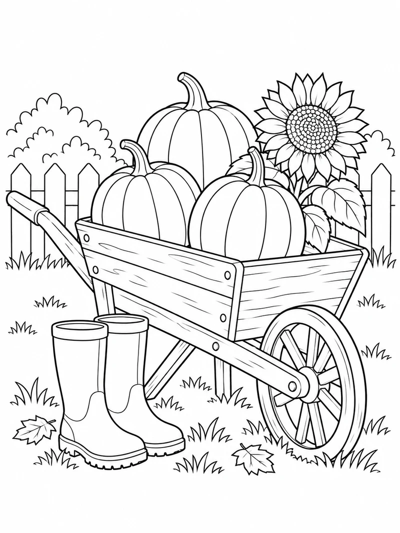 A wooden wheelbarrow carries three plain pumpkins and a sunflower, with garden boots beside its wheel.