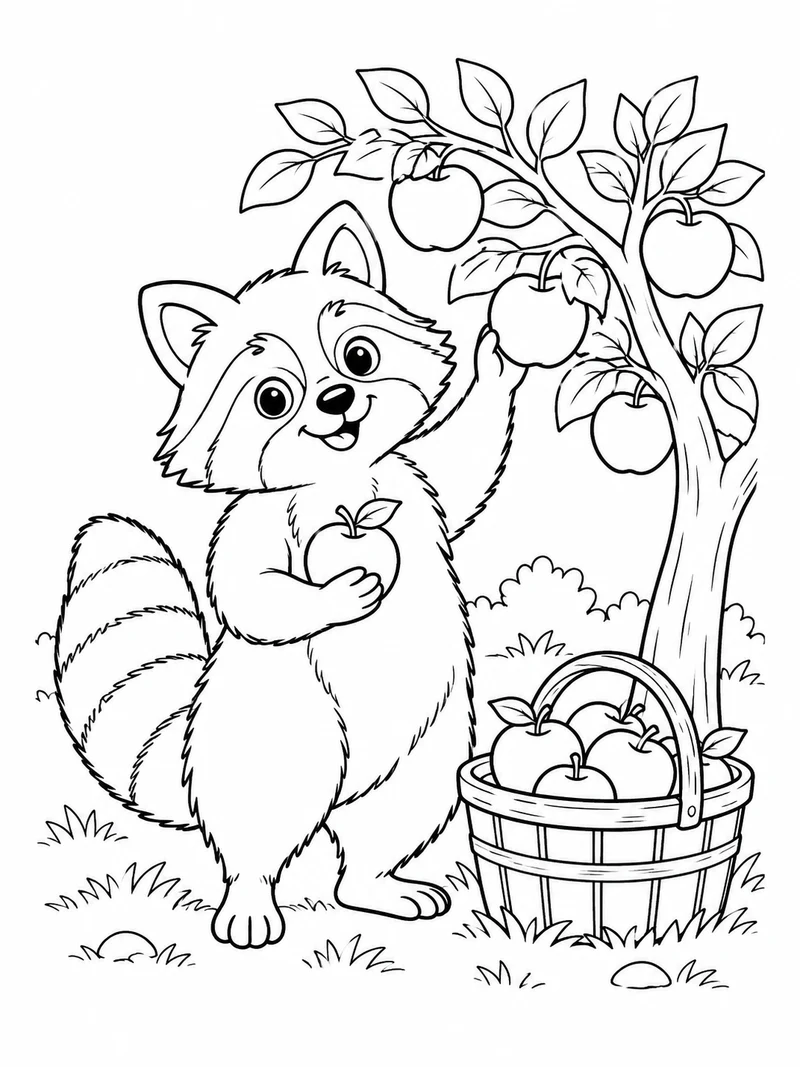 A friendly raccoon stands beside a low apple tree and a basket of picked fruit.