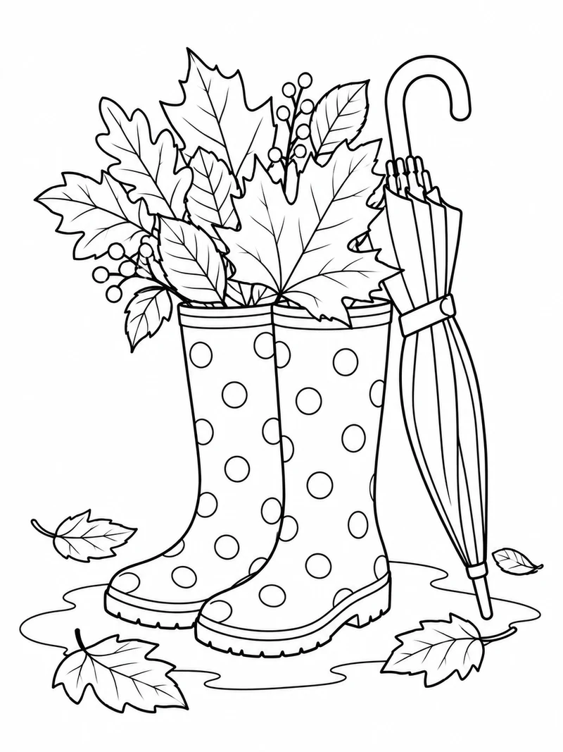 A pair of polka-dot rain boots holds a bouquet of autumn leaves, with a closed umbrella resting alongside.