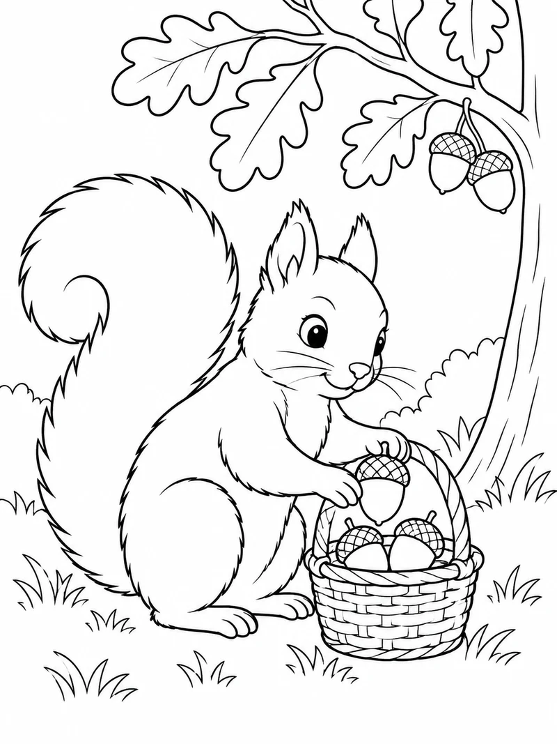 A squirrel with a large curled tail places acorns into a small woven basket beneath an oak branch.
