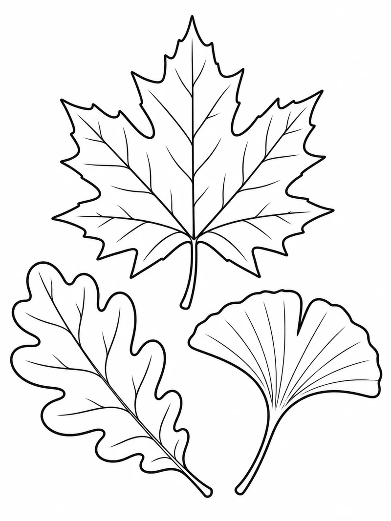 One large maple leaf, one oak leaf, and one ginkgo leaf form a loose triangular arrangement with visible veins.