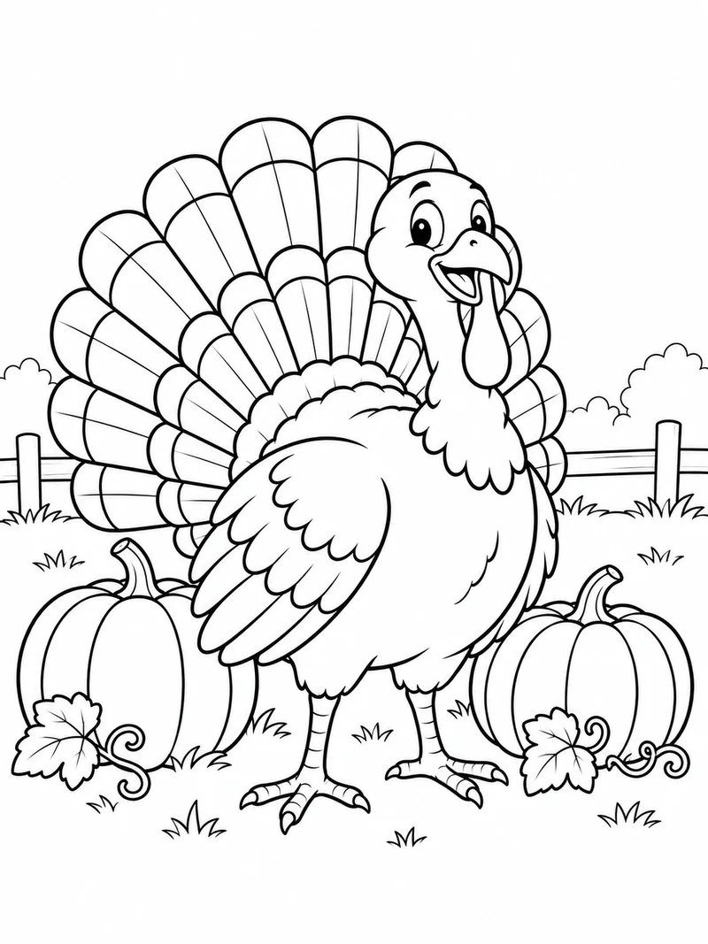 A cheerful turkey fans its large outlined tail feathers beside two pumpkins.