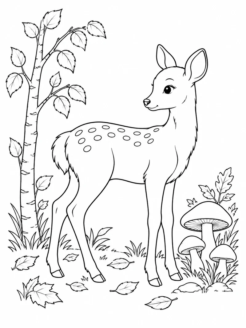 A gentle young deer stands in profile between a birch sapling and a cluster of mushrooms, with scattered leaves.