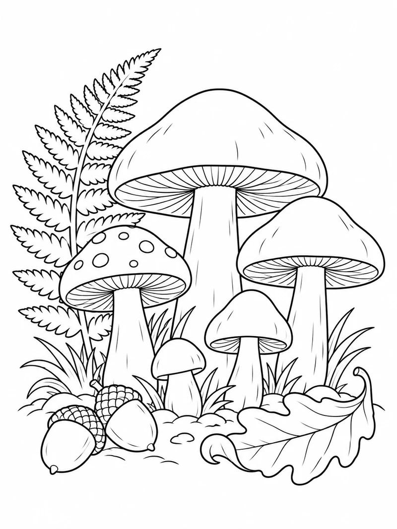 Five mushrooms of different sizes grow beside a fern, two acorns, and a curled fallen leaf.