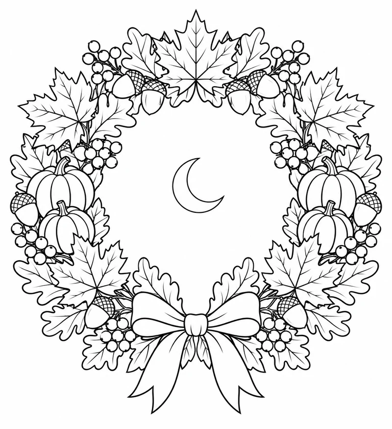 Maple leaves, oak leaves, pumpkins, acorns, and berries form an autumn wreath tied with a bow.