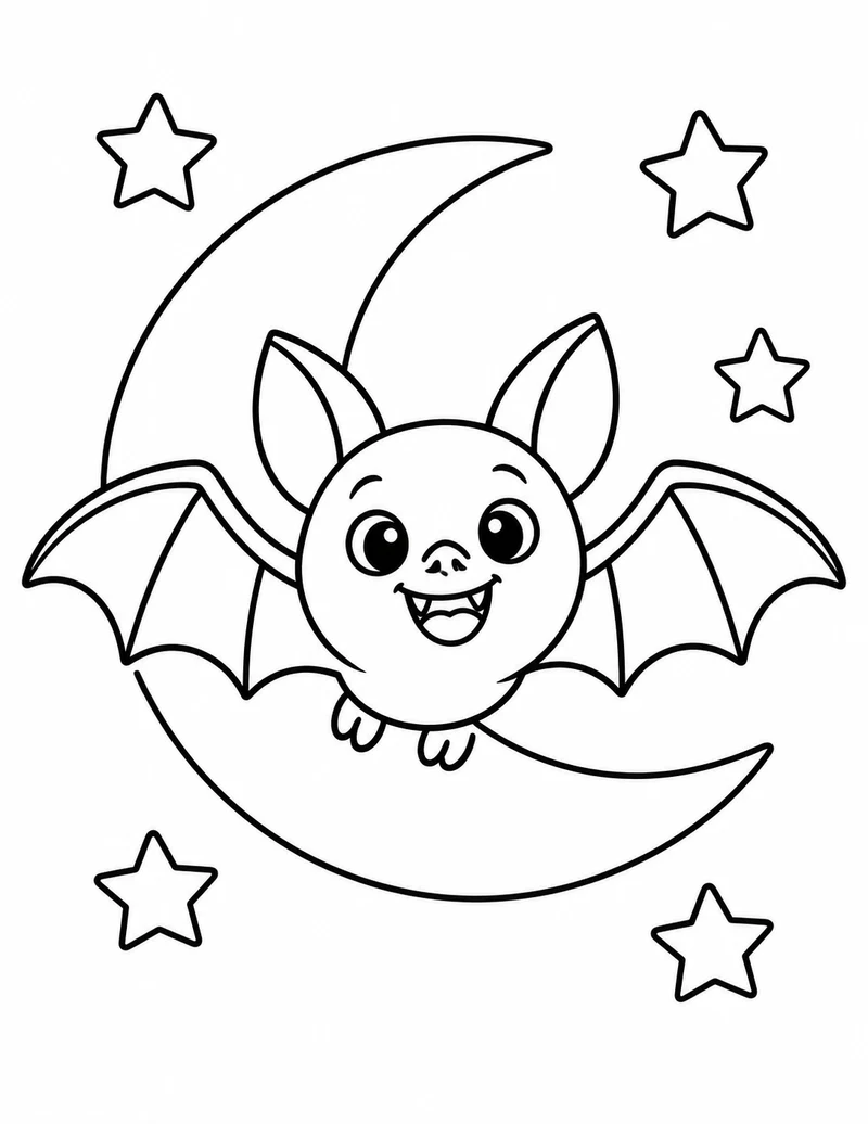 A happy little bat spreads its wings in front of a crescent moon and five stars.