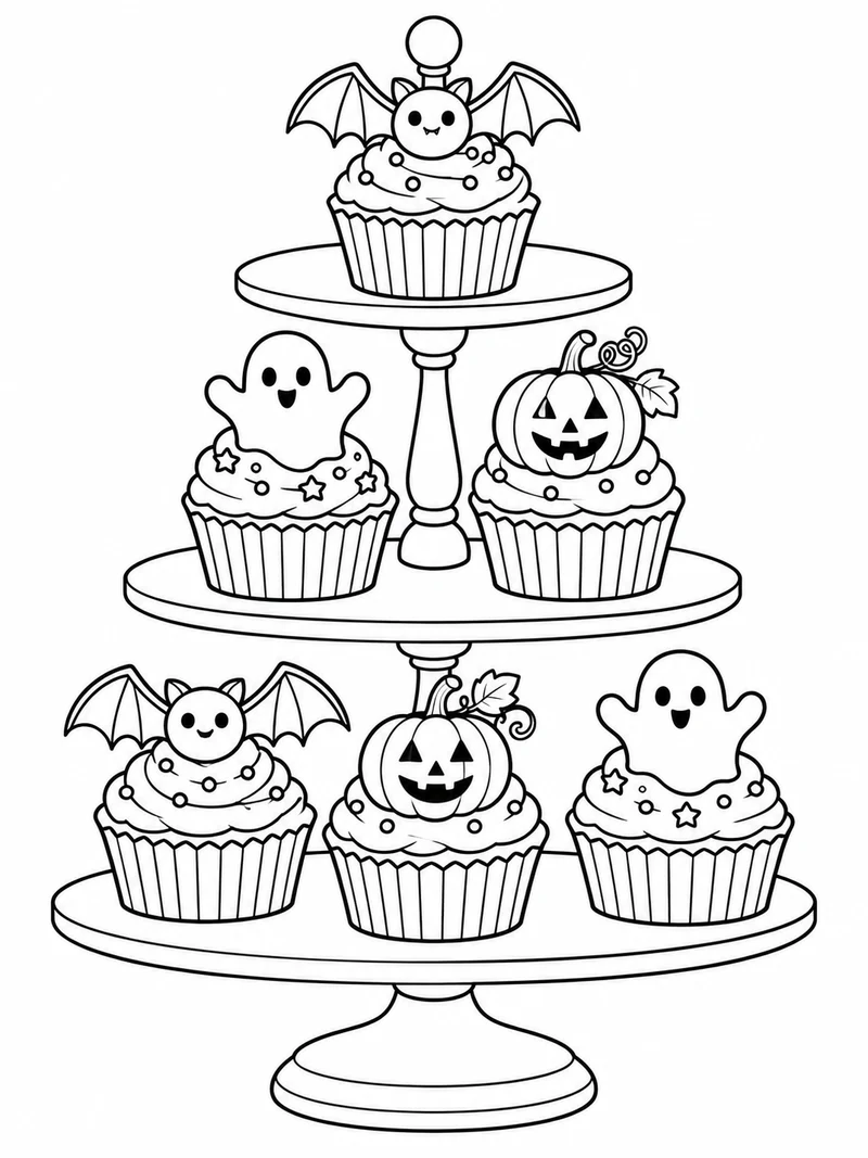 A three-tier cupcake stand displays six cupcakes topped with bats, ghosts, and pumpkins.