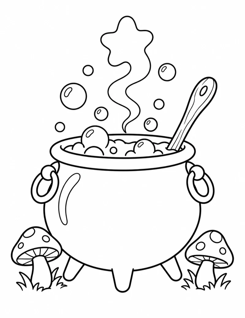 A round cauldron bubbles beneath a star-shaped curl of steam, with a mushroom on either side.