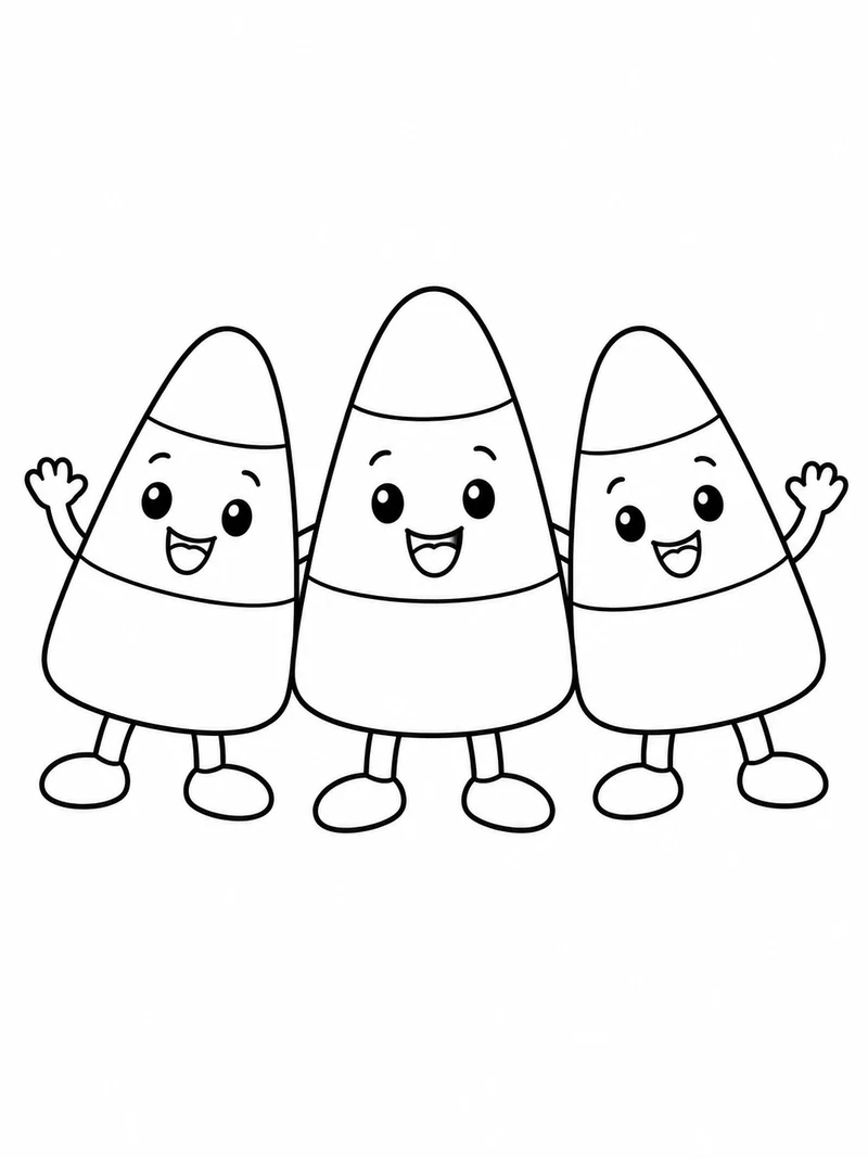 Three smiling candy-corn characters with tiny arms and feet stand in a friendly row.