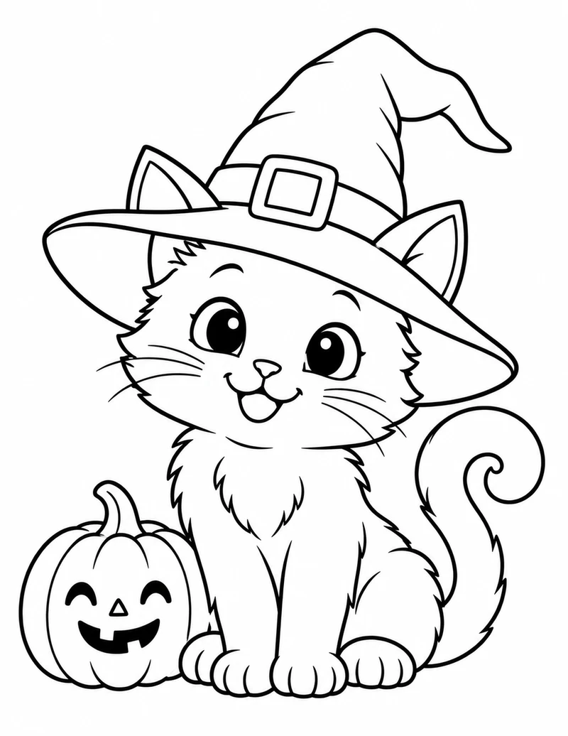 This little kitten wears an oversized witch hat beside a smiling pumpkin.