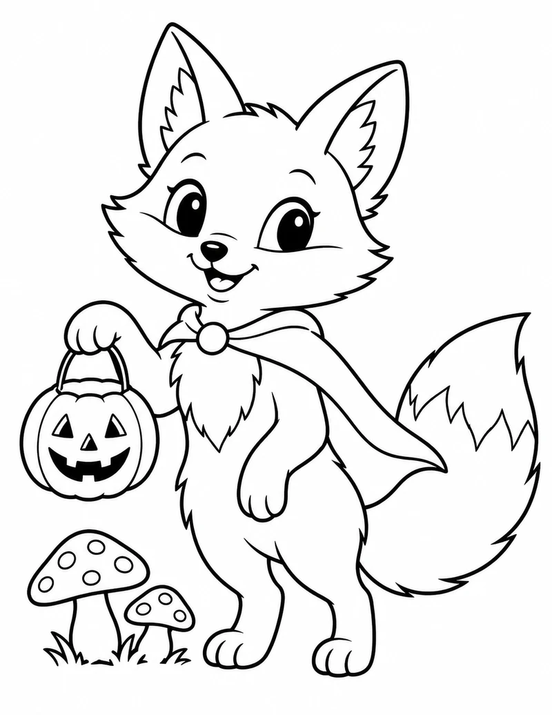 A cheerful fox wears a cape and carries a pumpkin lantern beside two mushrooms.