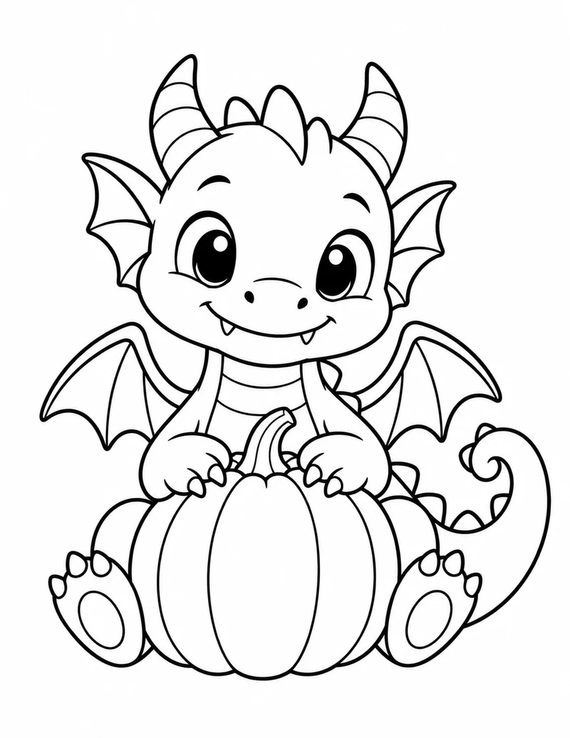 A little dragon hugs a pumpkin with its front paws, showing its tiny wings and curled tail.