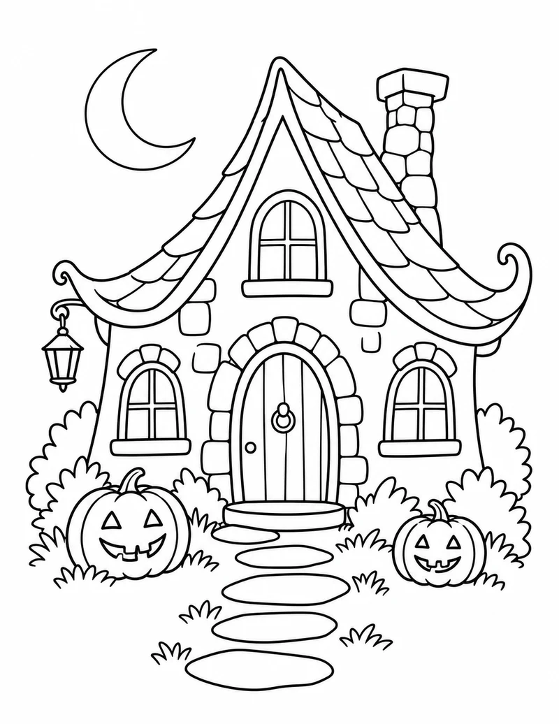 A crooked-roof cottage waits at the end of a stepping-stone path, with two pumpkins by the doorway.
